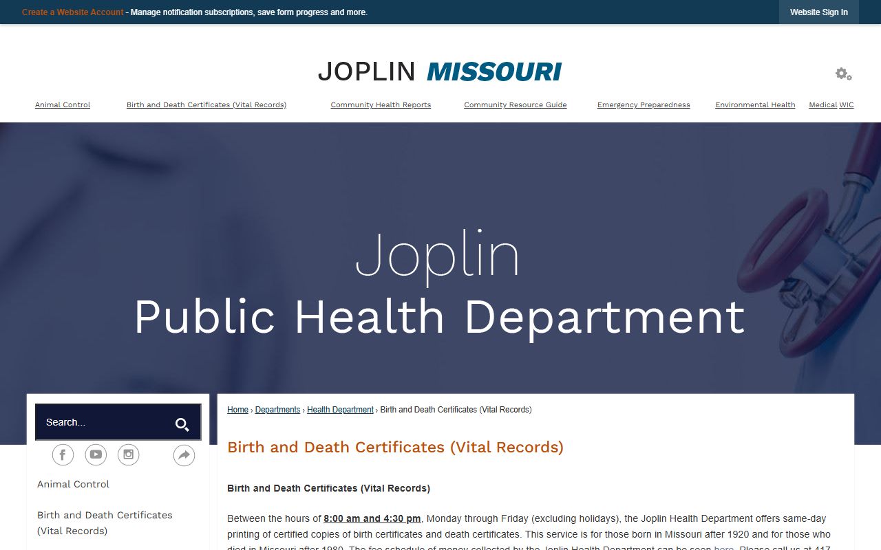 Joplin Health Department obituary vital records