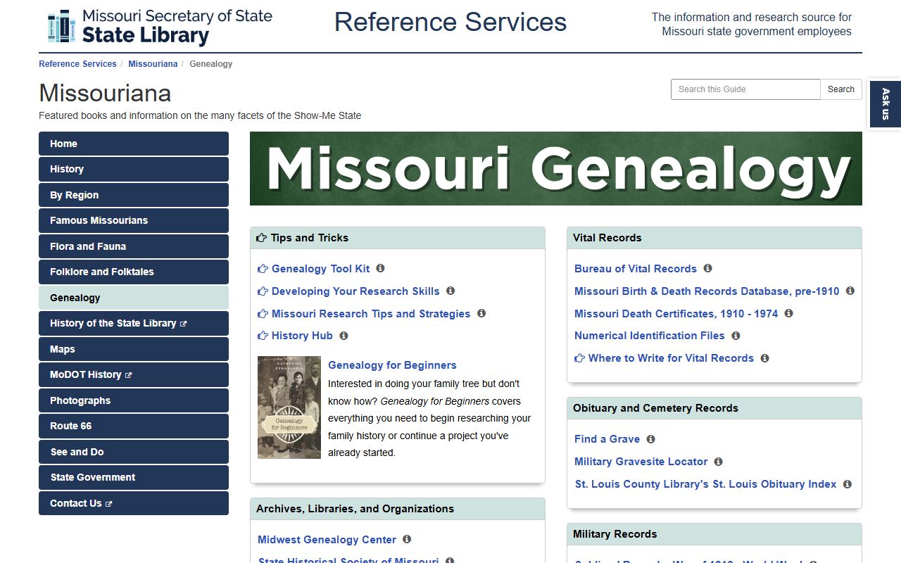 Missouri State Library genealogy guide for obituary research